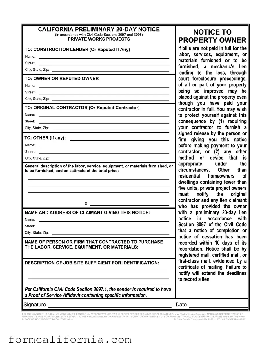 Blank 20 Day Notice California PDF Form