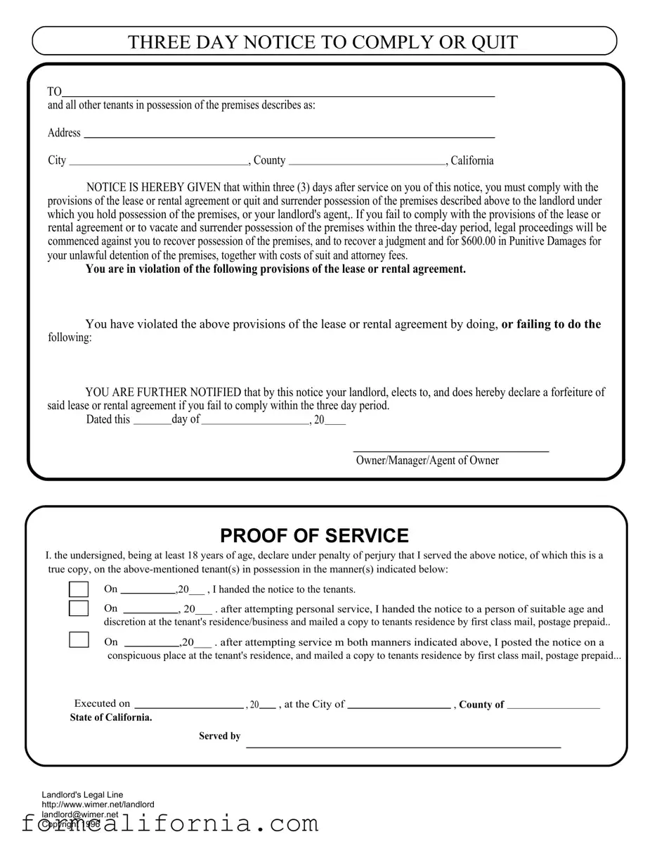 Blank 3 Day Quit Notice California PDF Form
