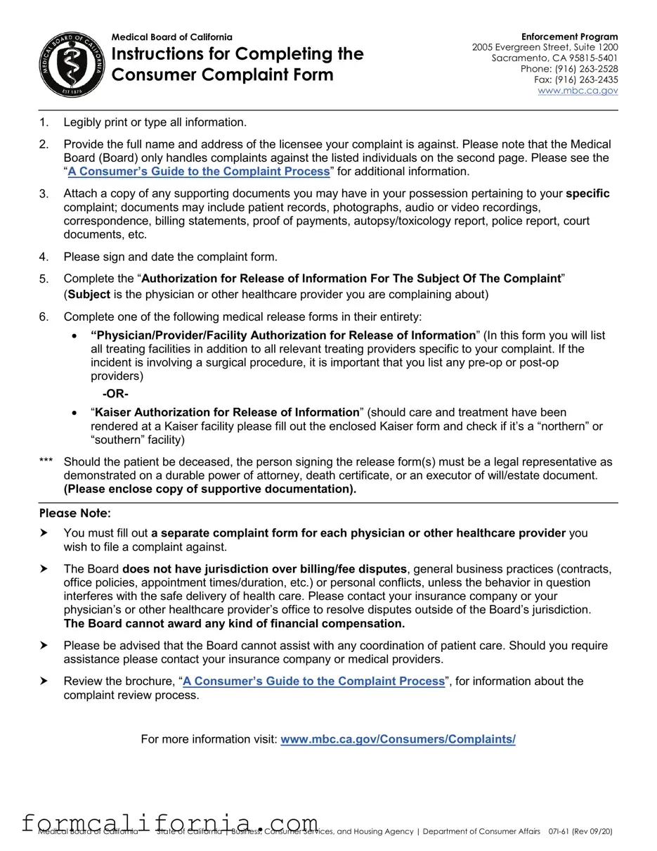 Blank Ca Board Complaint PDF Form