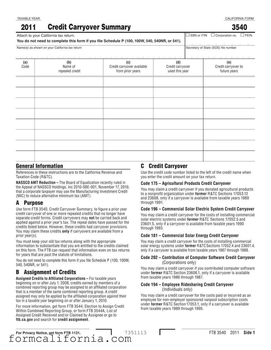 Blank California 3540 PDF Form