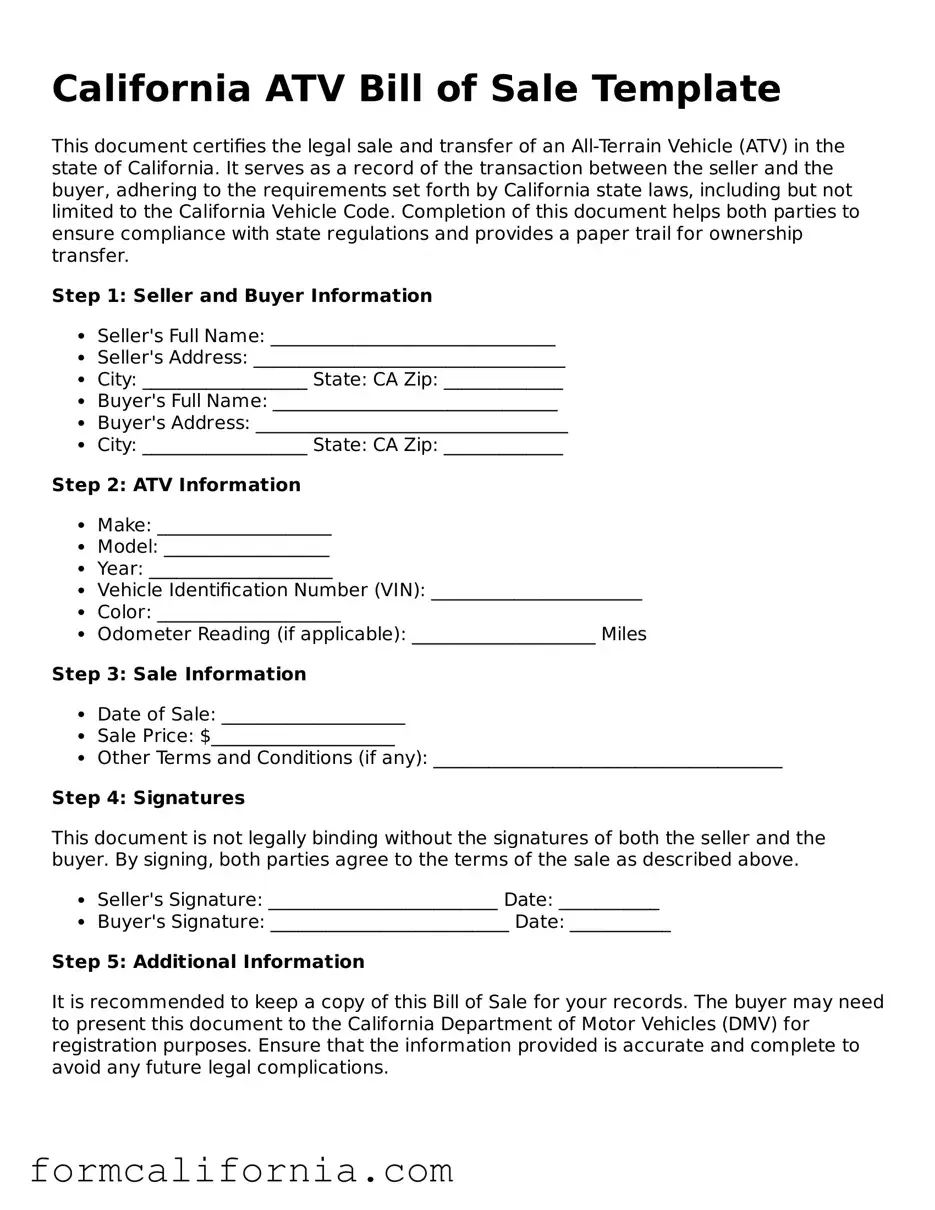 Legal California ATV Bill of Sale Document