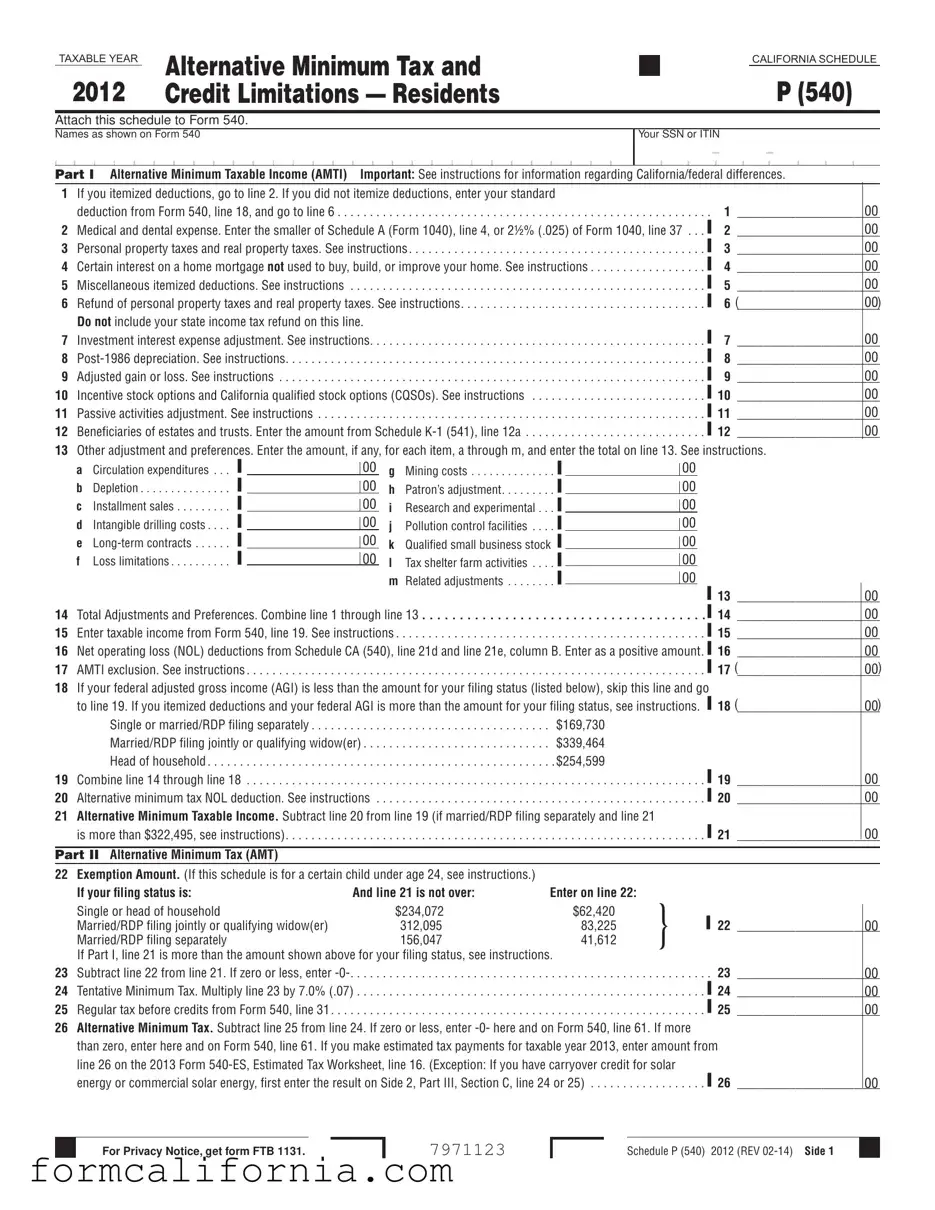 Blank California 540 Schedule P PDF Form