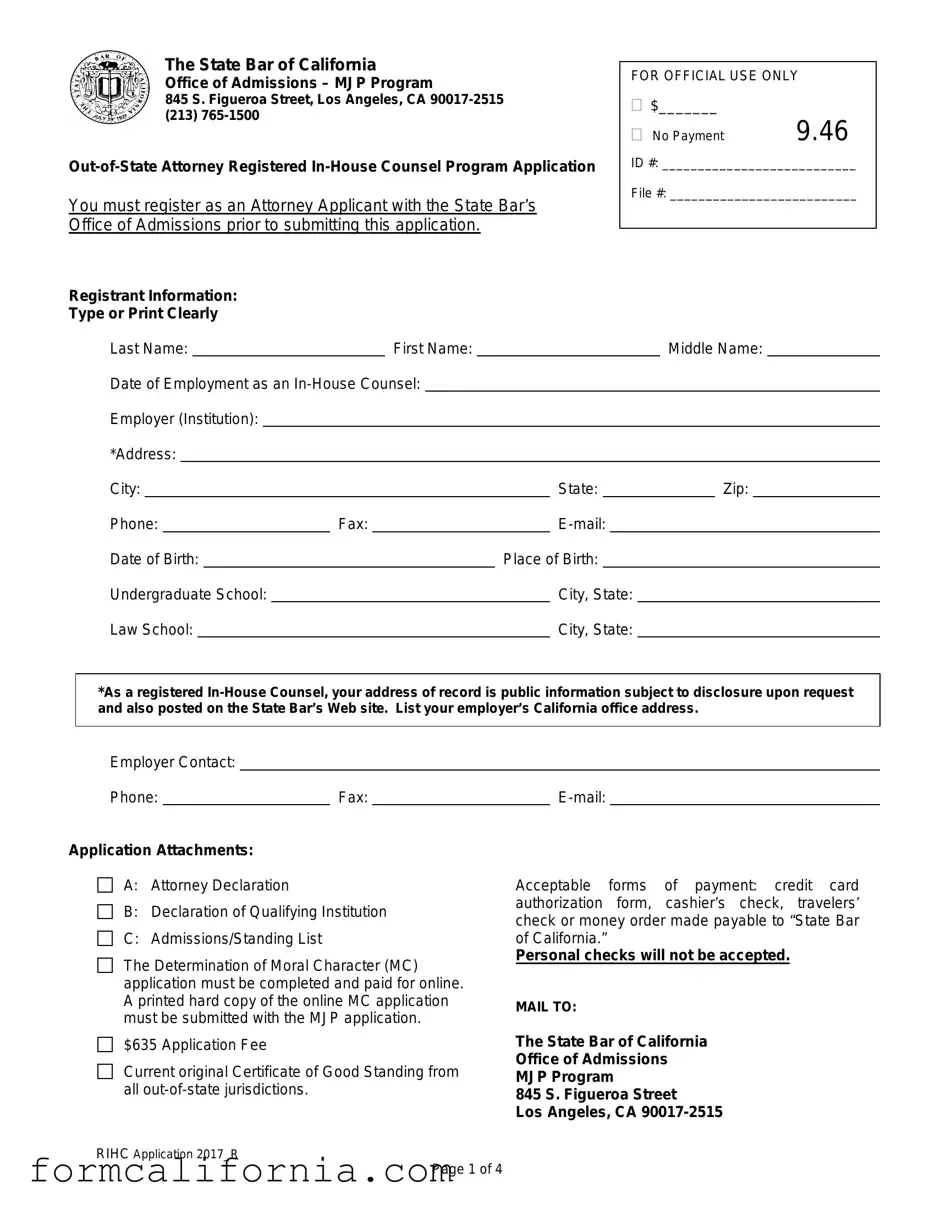 Blank California Application Registered In Counsel PDF Form