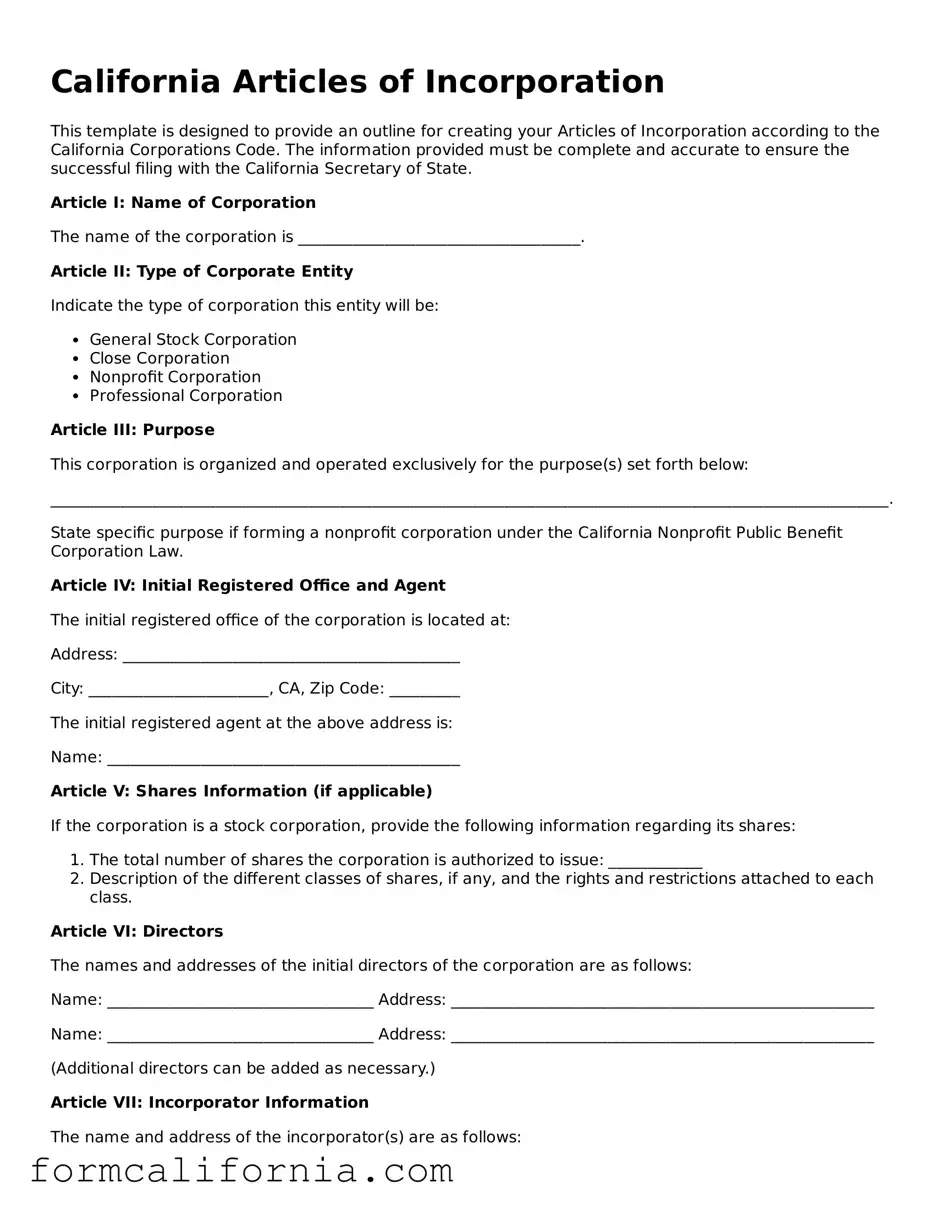 Legal California Articles of Incorporation Document