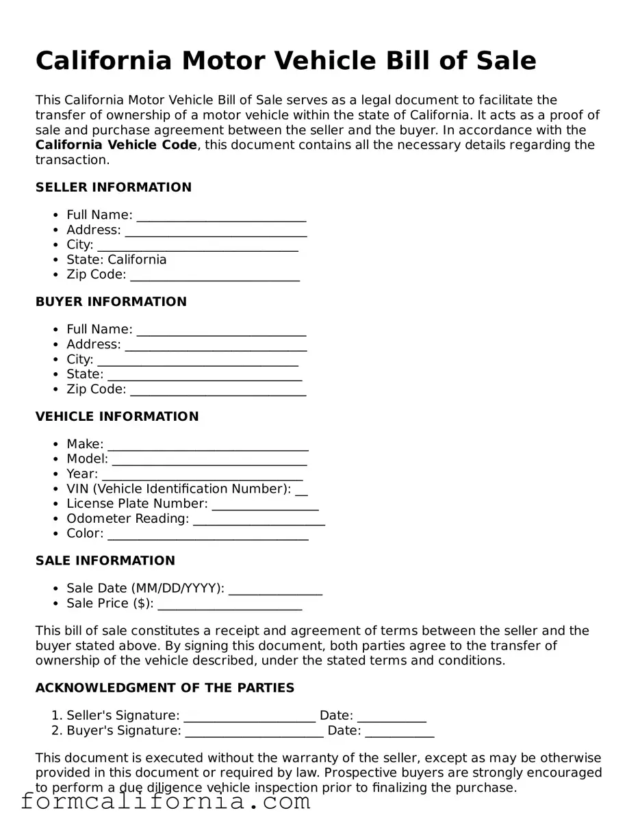 Legal California Motor Vehicle Bill of Sale Document