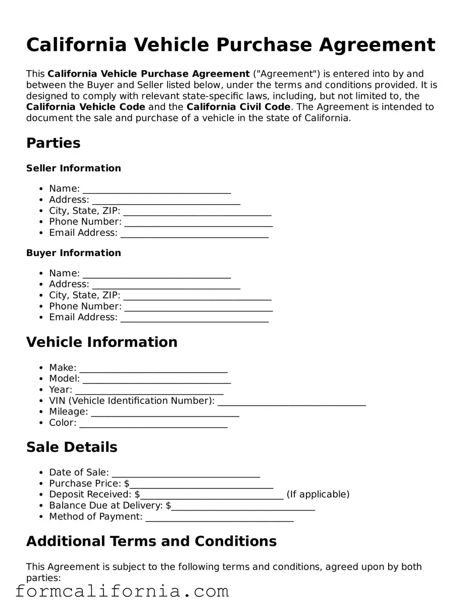 Legal California Vehicle Purchase Agreement Document