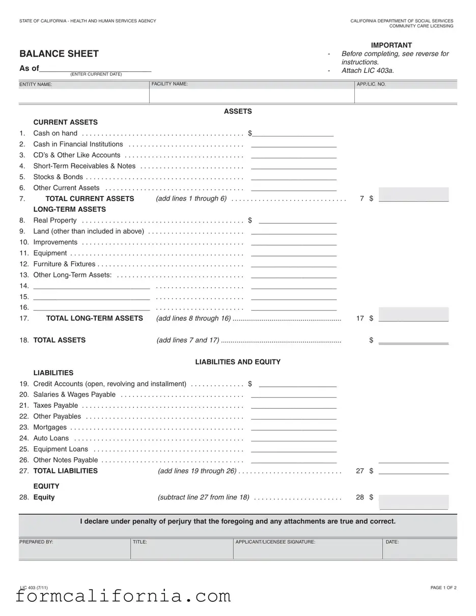 Blank California Balance Sheet PDF Form