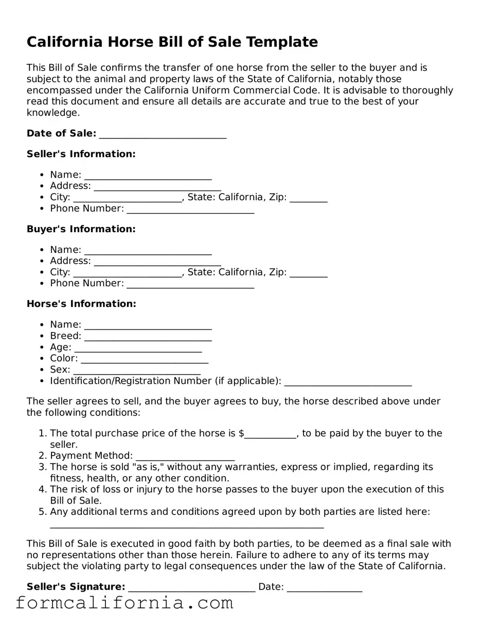 Legal California Horse Bill of Sale Document
