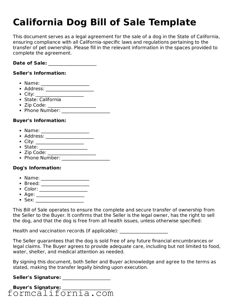Legal California Dog Bill of Sale Document