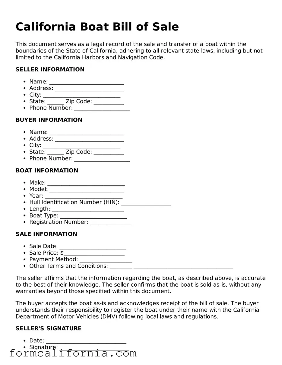 Legal California Boat Bill of Sale Document