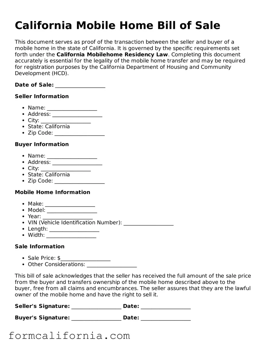 Legal California Mobile Home Bill of Sale Document