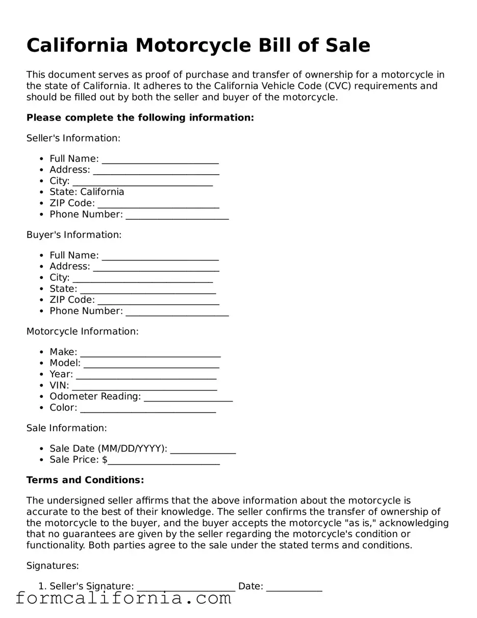 Legal California Motorcycle Bill of Sale Document