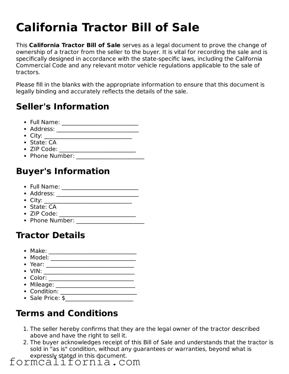 Legal California Tractor Bill of Sale Document