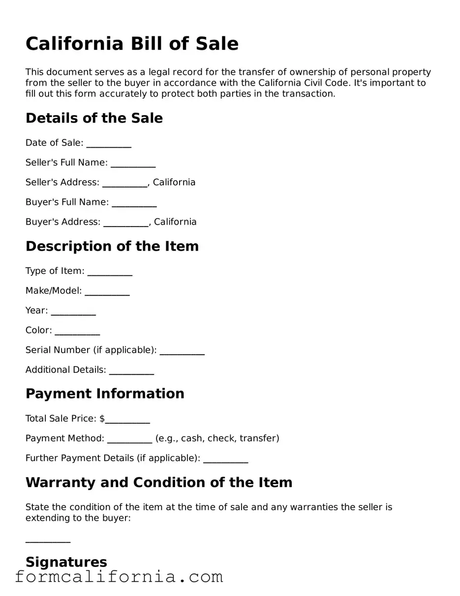 Legal California Bill of Sale Document