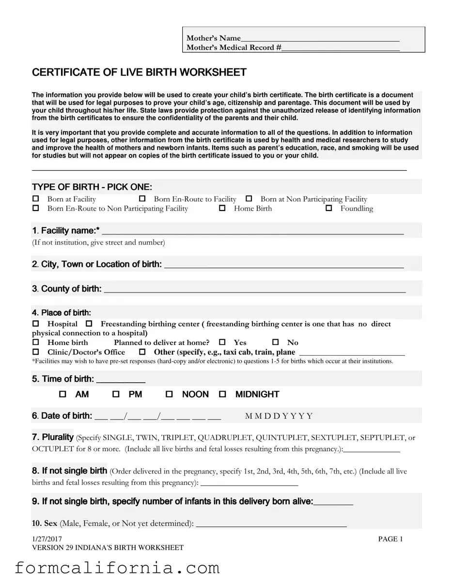 Blank California Birth Certificate Editable Free PDF Form
