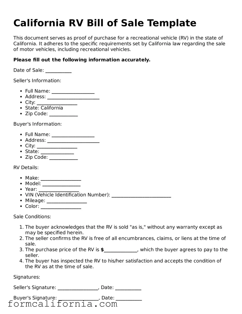 Legal California RV Bill of Sale Document