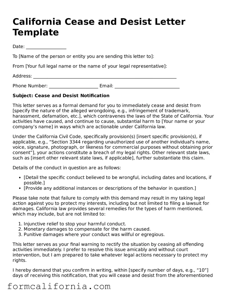 Legal California Cease and Desist Letter Document