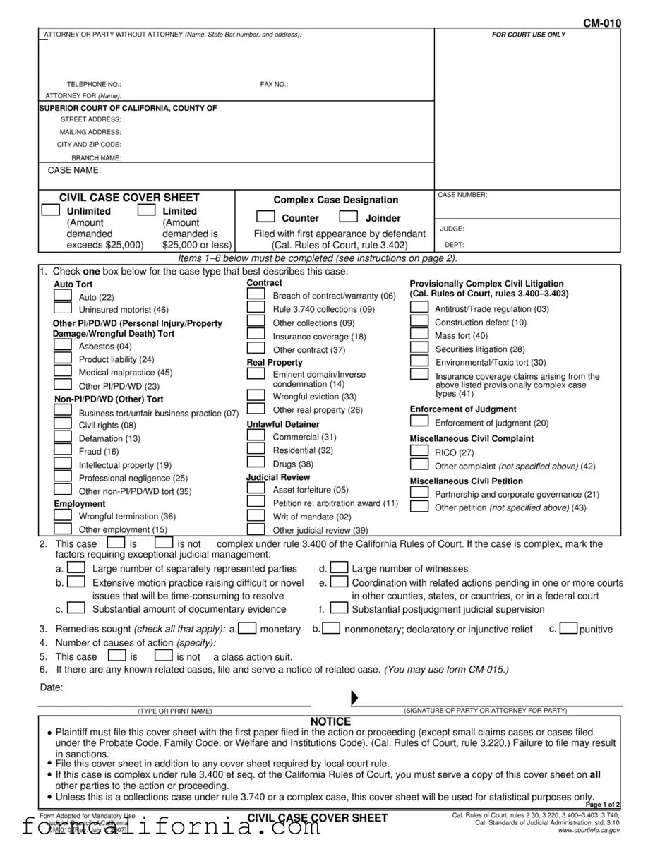Blank California Civil PDF Form