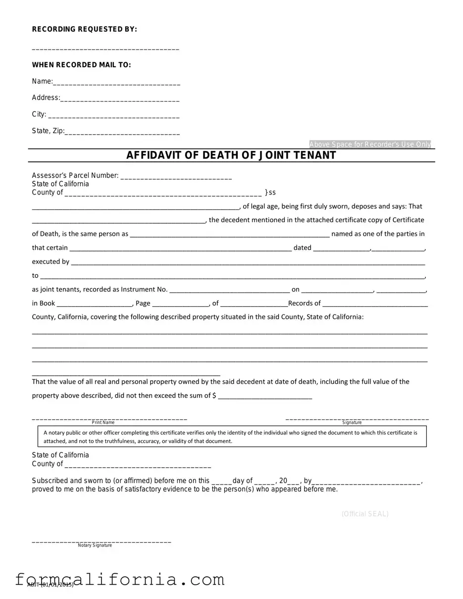 Blank California Death of a Joint Tenant Affidavit PDF Form