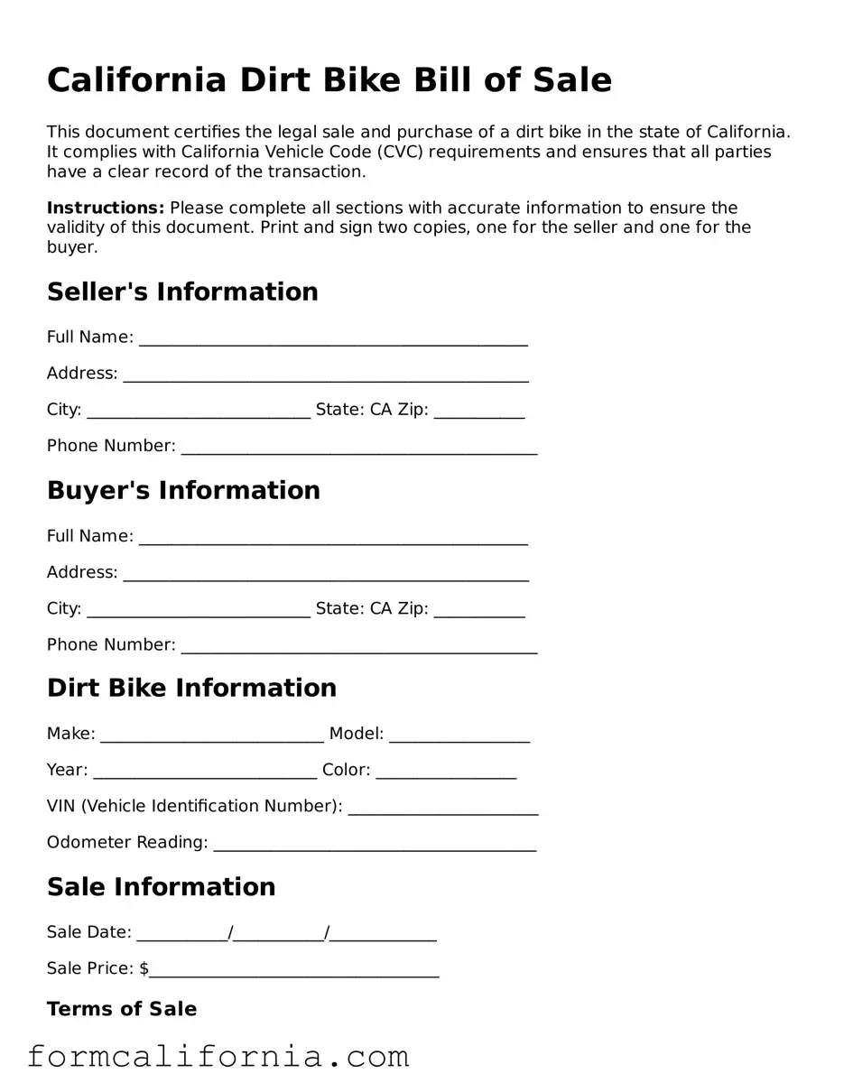 Legal California Dirt Bike Bill of Sale Document
