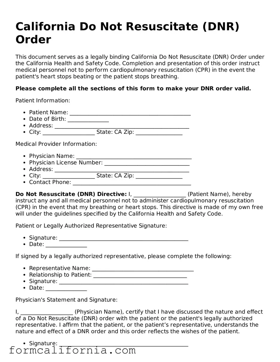 Free California Do Not Resuscitate Order Form ⋆ All California Forms