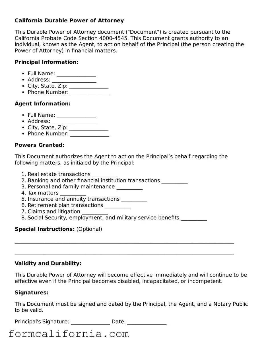 Legal California Durable Power of Attorney Document