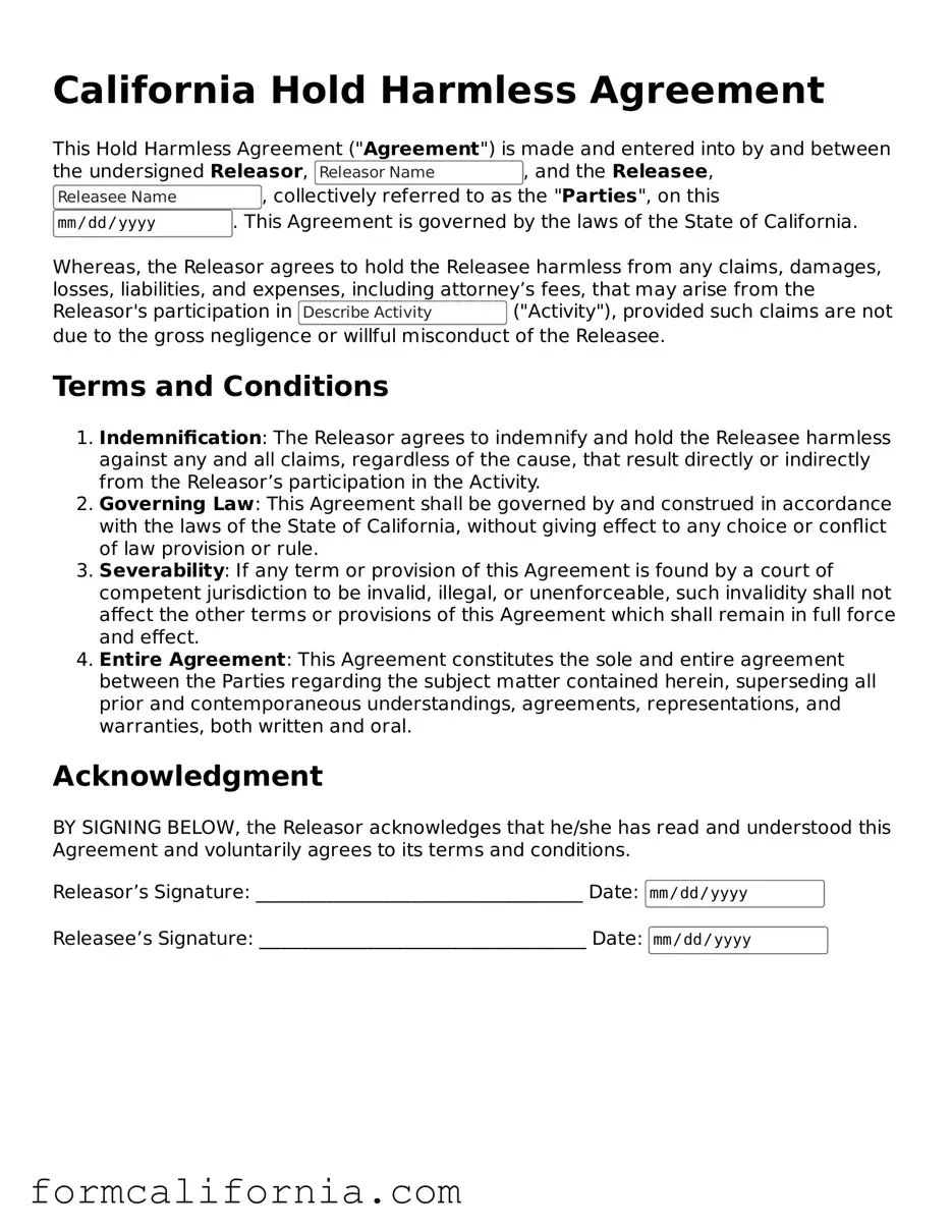Legal California Hold Harmless Agreement Document