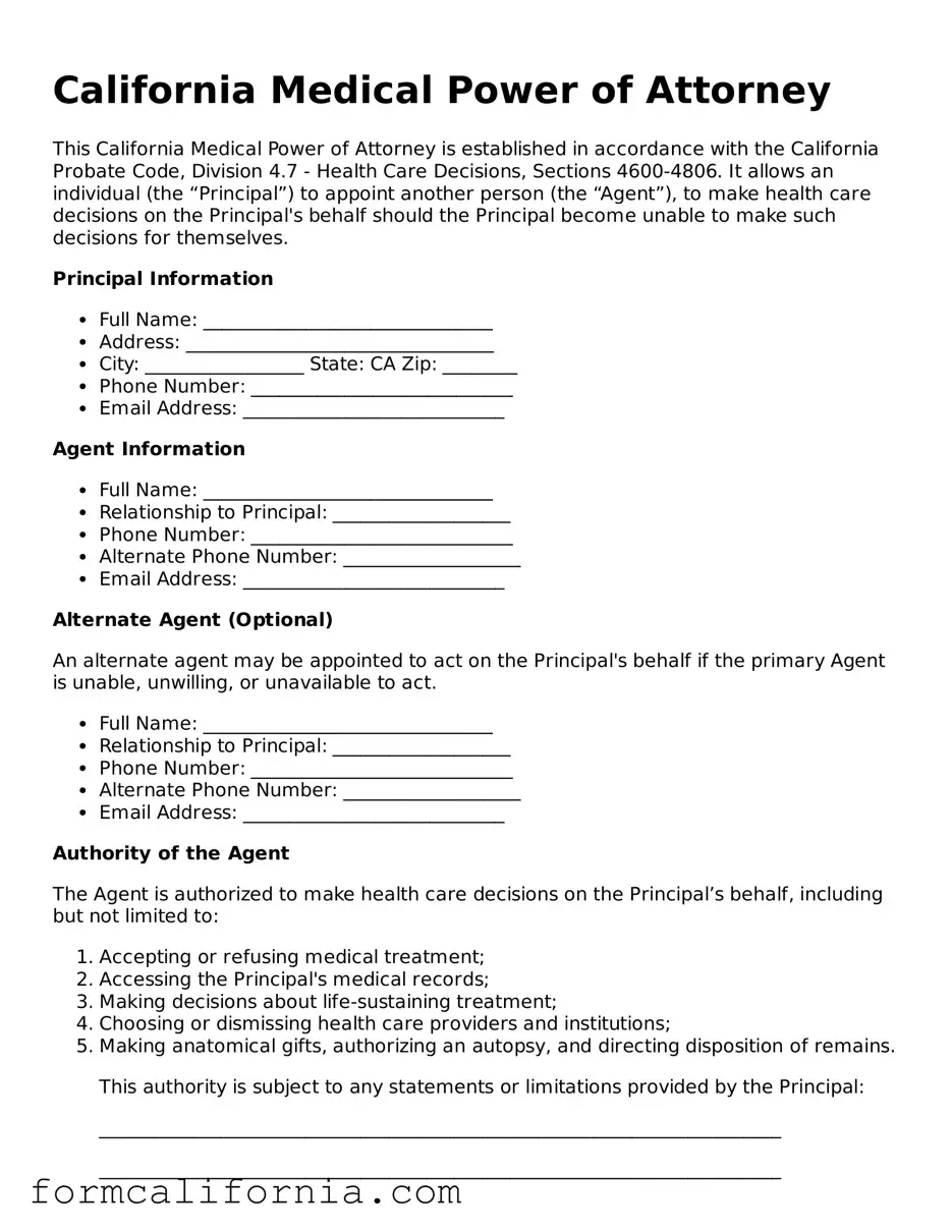 Legal California Medical Power of Attorney Document