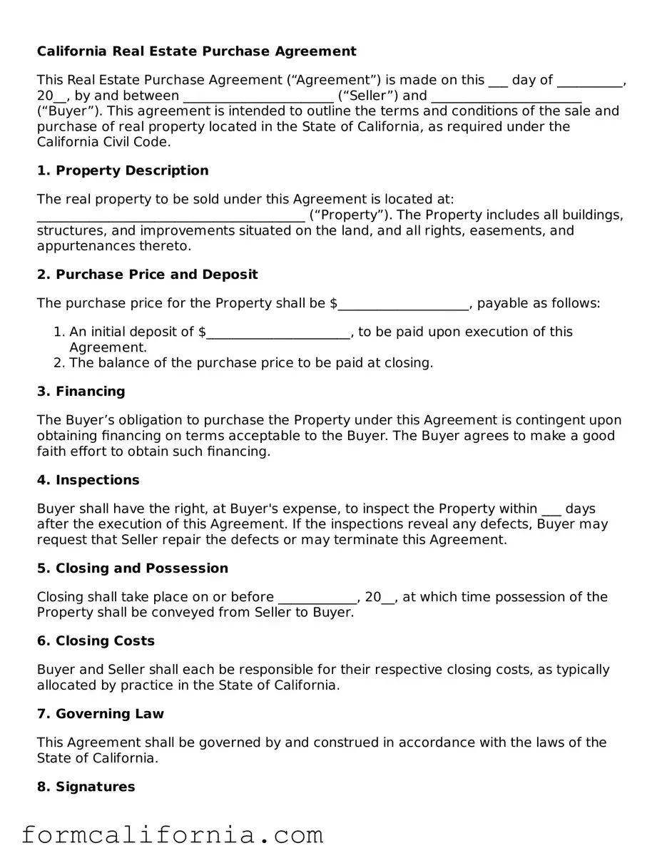 Legal California Real Estate Purchase Agreement Document