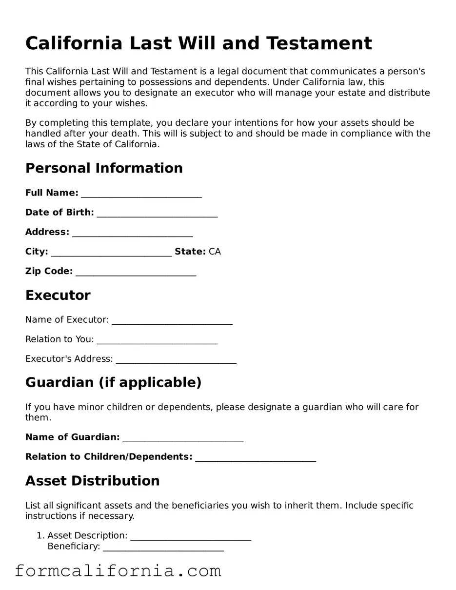 Legal California Last Will and Testament Document