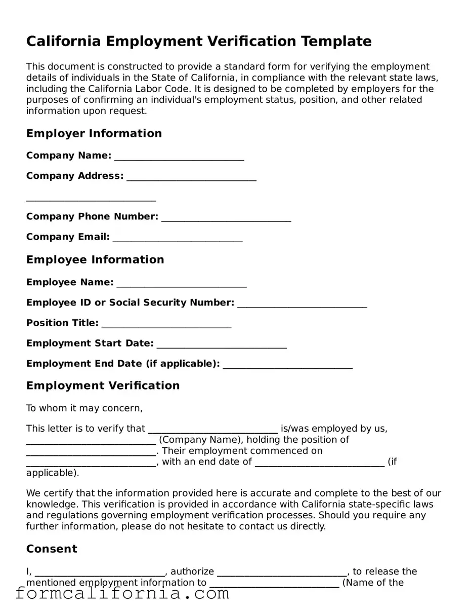 Legal California Employment Verification Document