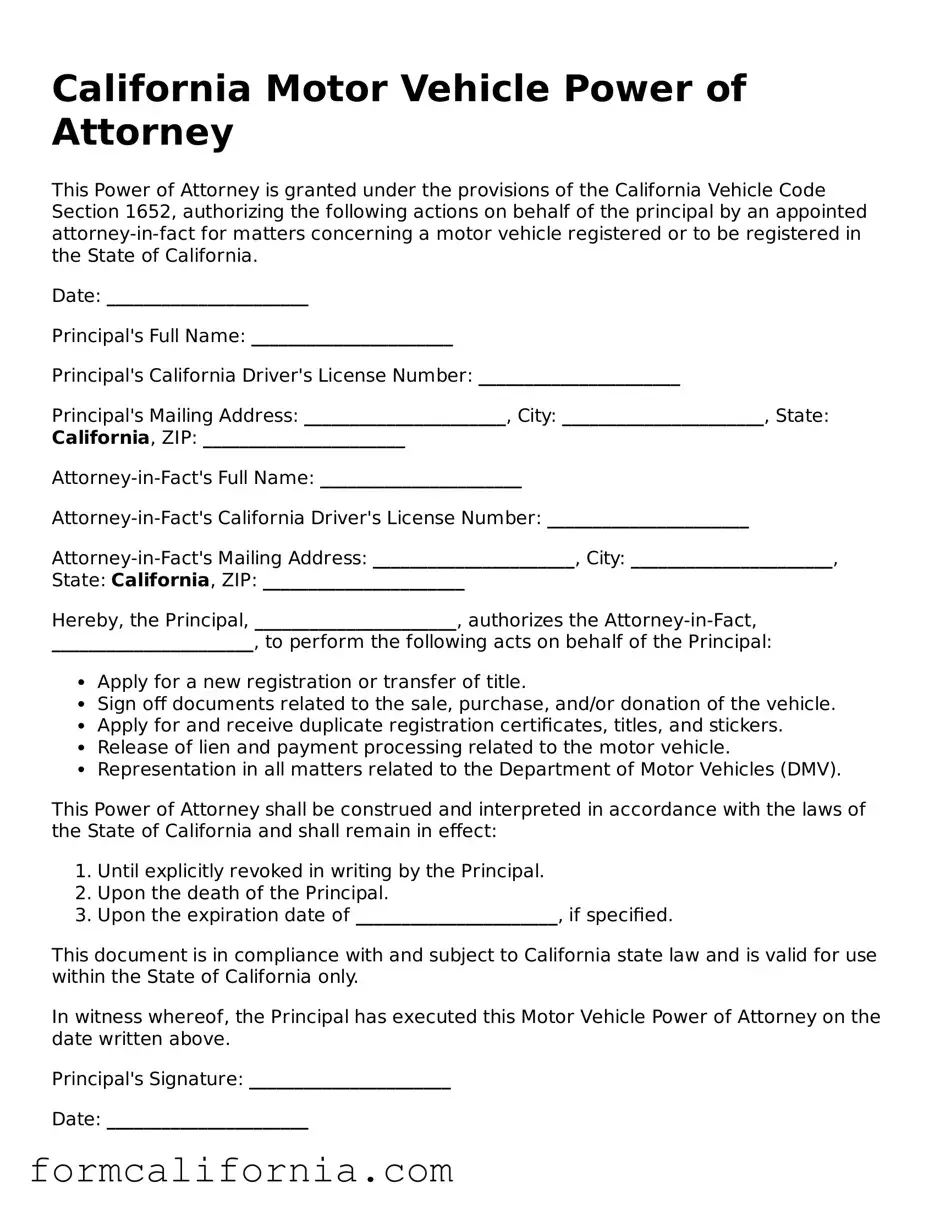 Legal California Motor Vehicle Power of Attorney Document