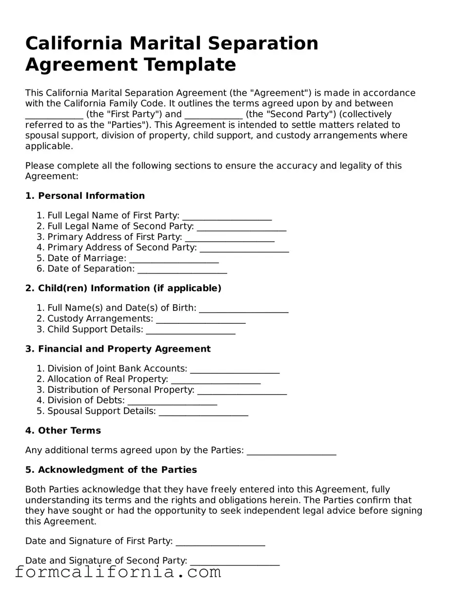 Legal California Marital Separation Agreement Document