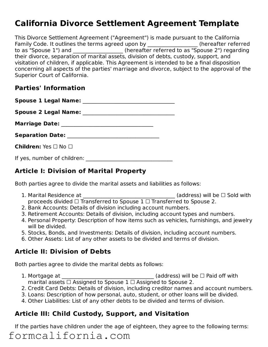 Legal California Divorce Settlement Agreement Document