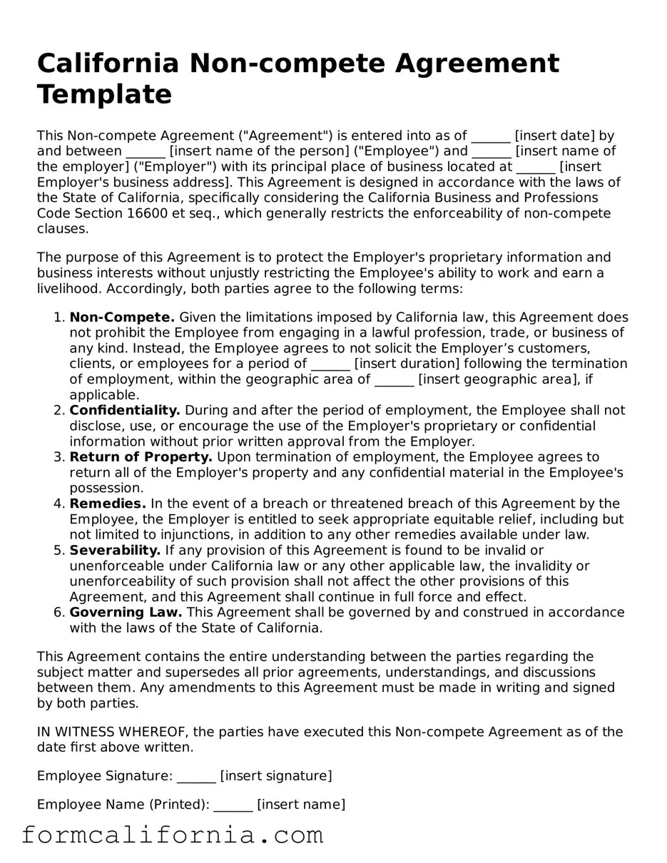 Legal California Non-compete Agreement Document
