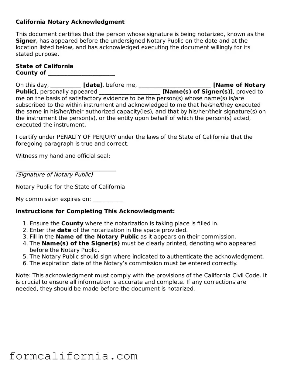 Legal California Notary Acknowledgement Document