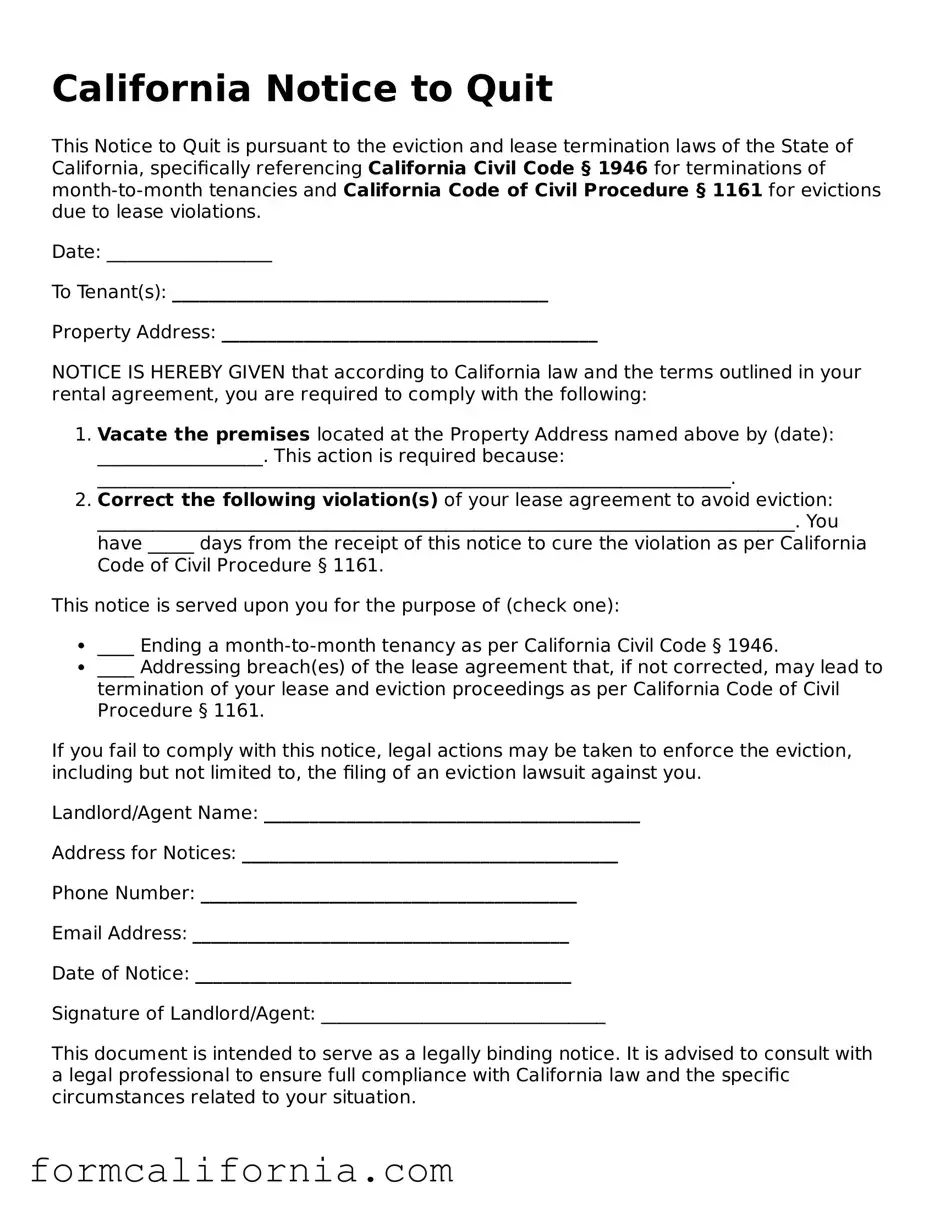 Legal California Notice to Quit Document