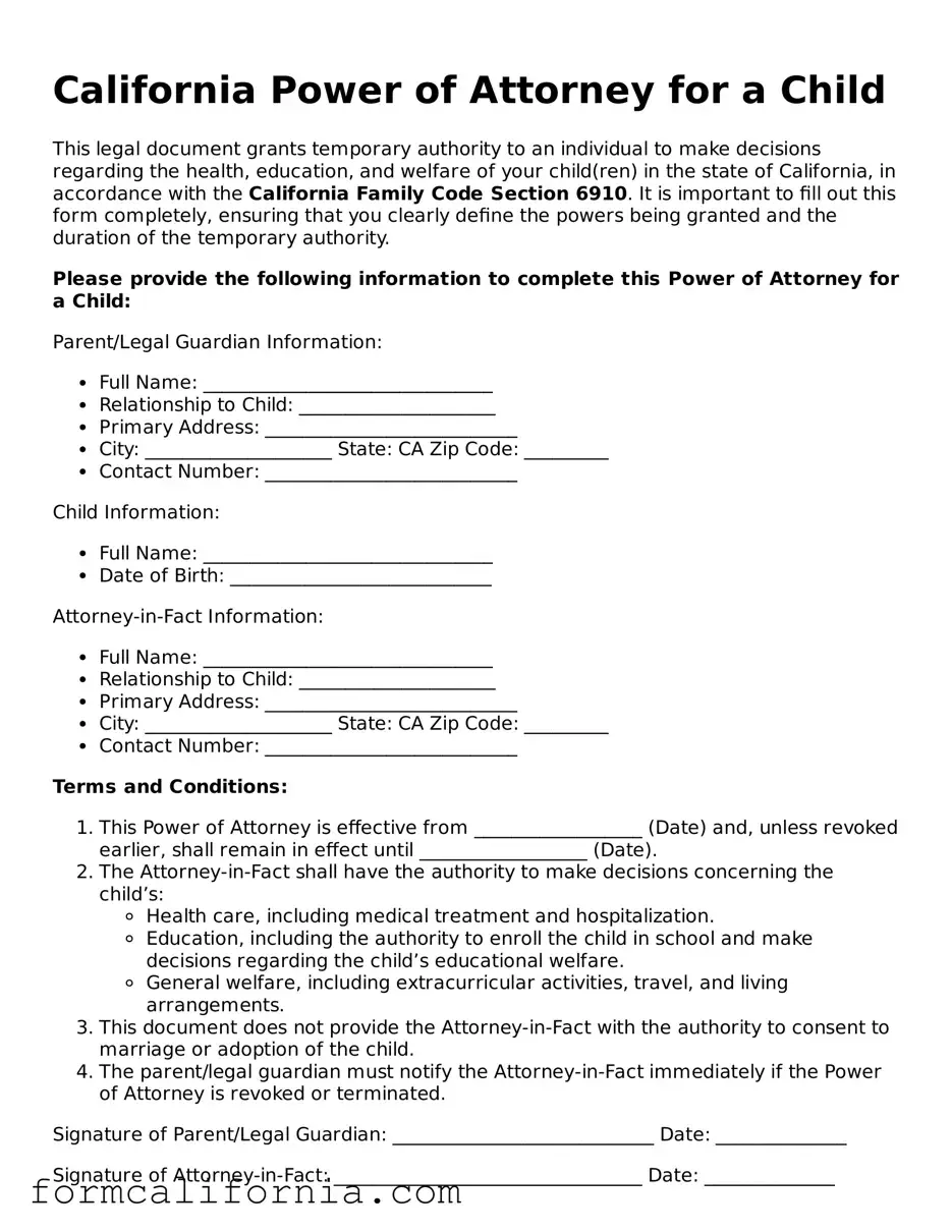 Legal California Power of Attorney for a Child Document