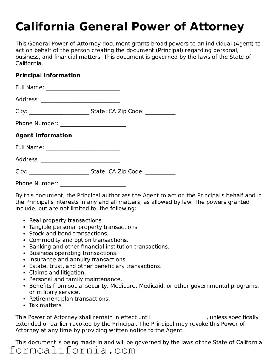 Legal California General Power of Attorney Document