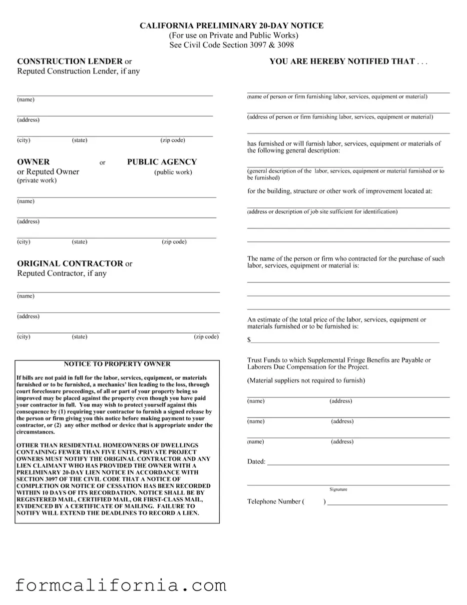 Blank California Preliminary 20 Day Notice PDF Form