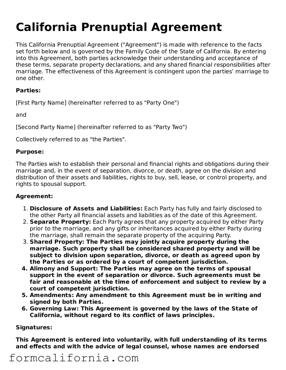 Legal California Prenuptial Agreement Document