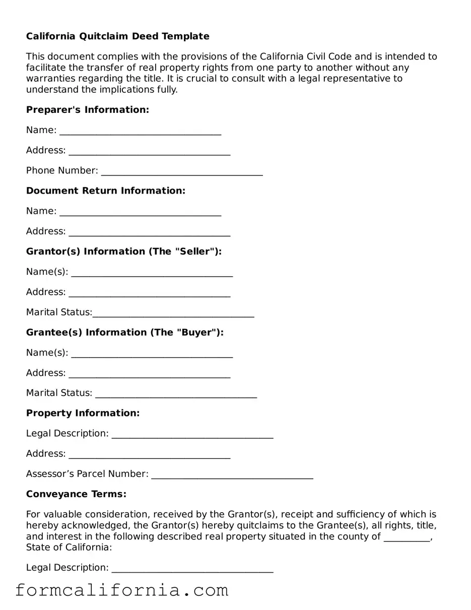 Legal California Quitclaim Deed Document