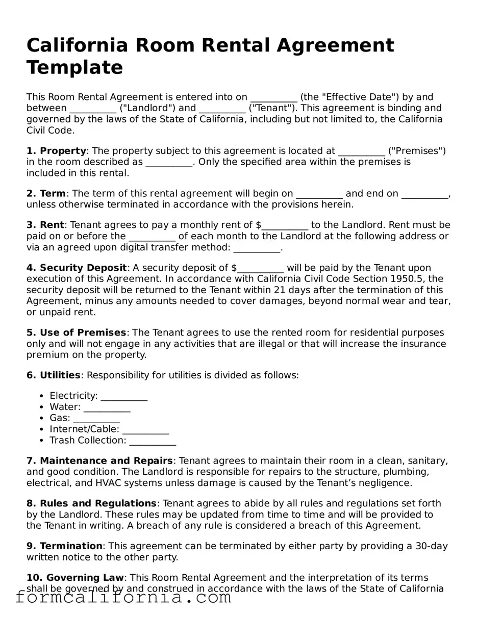 Legal California Room Rental Agreement Document