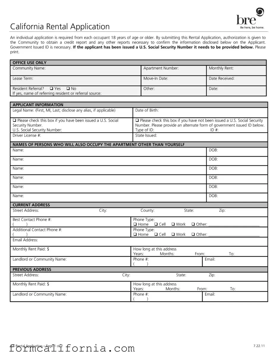 Blank California Rental Application PDF Form
