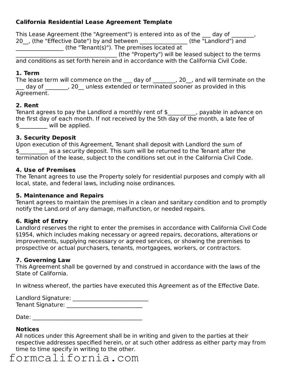 Legal California Lease Agreement Document