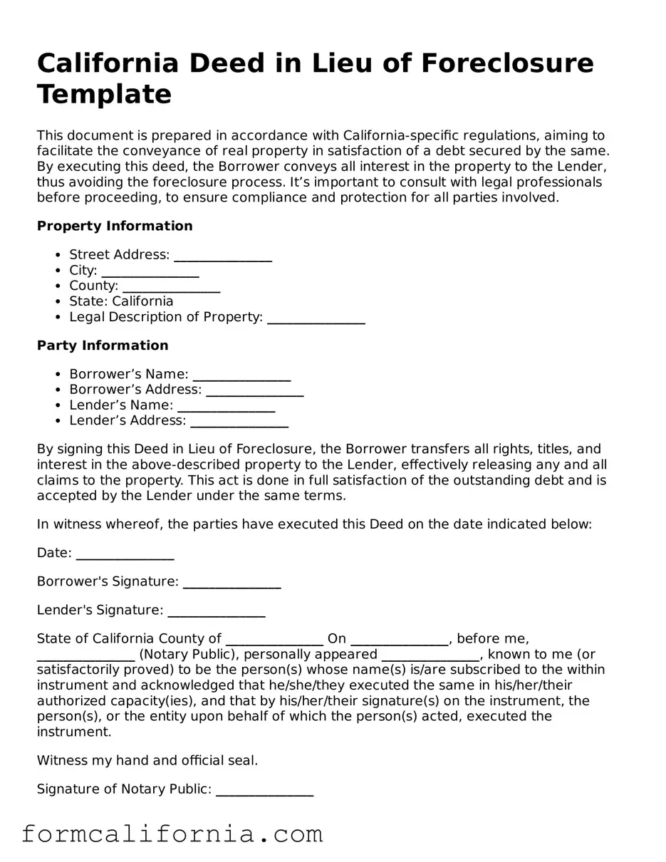 Legal California Deed in Lieu of Foreclosure Document