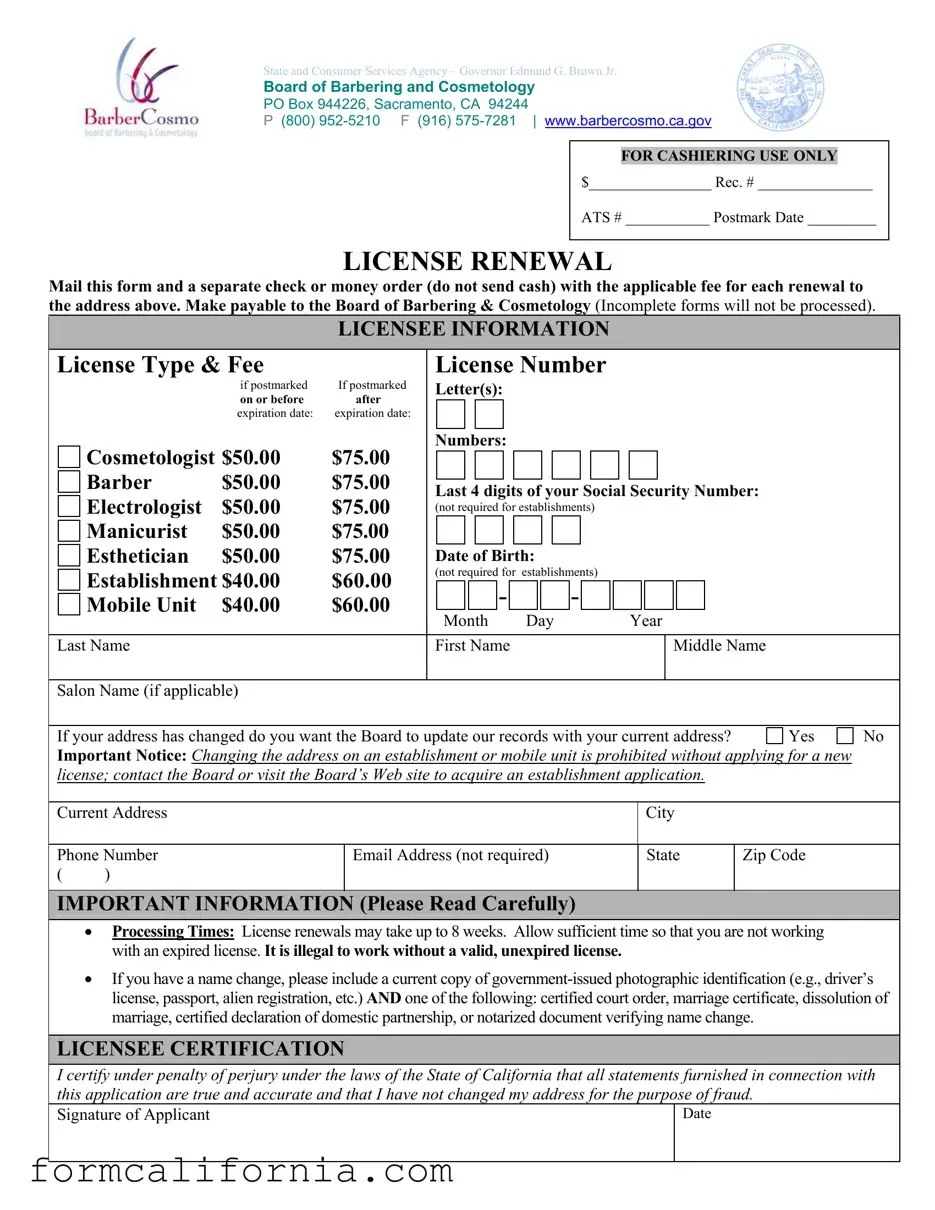 Blank Cosmetology License Renewal California PDF Form