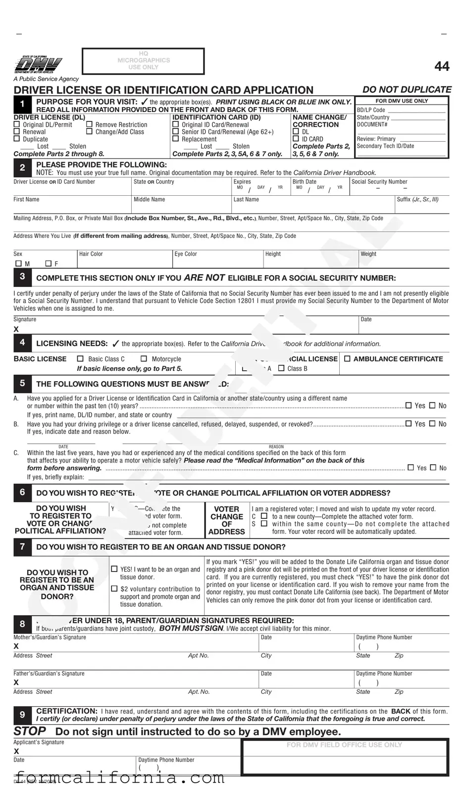 Blank Ca Dmv Dl 44 PDF Form