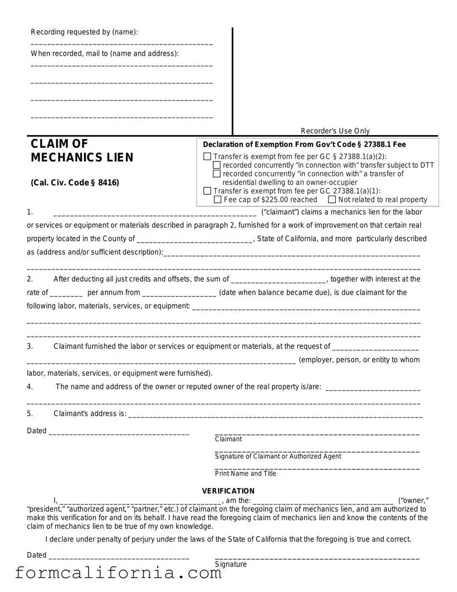 Blank Mechanics Lien California PDF Form