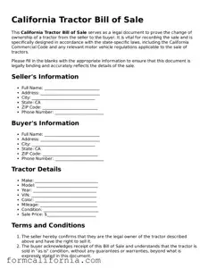 Legal California Tractor Bill of Sale Document